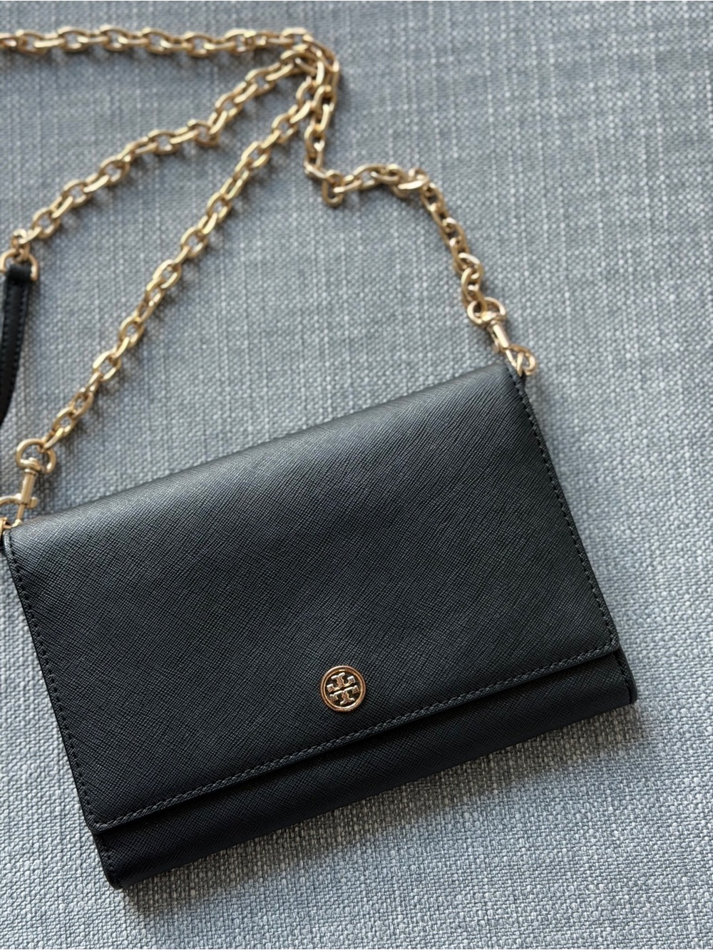 Tory Burch Black Leather Crossbody with Gold Chain